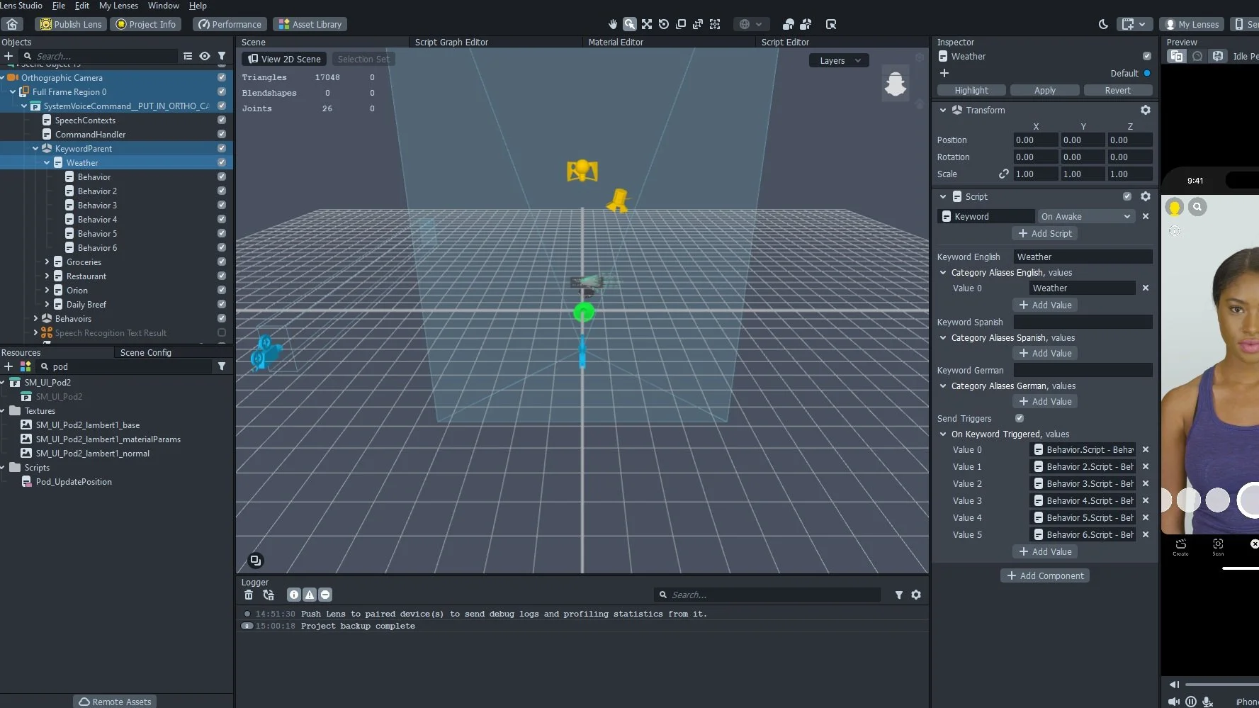 Hand-follow script: tracked hand position plus offset