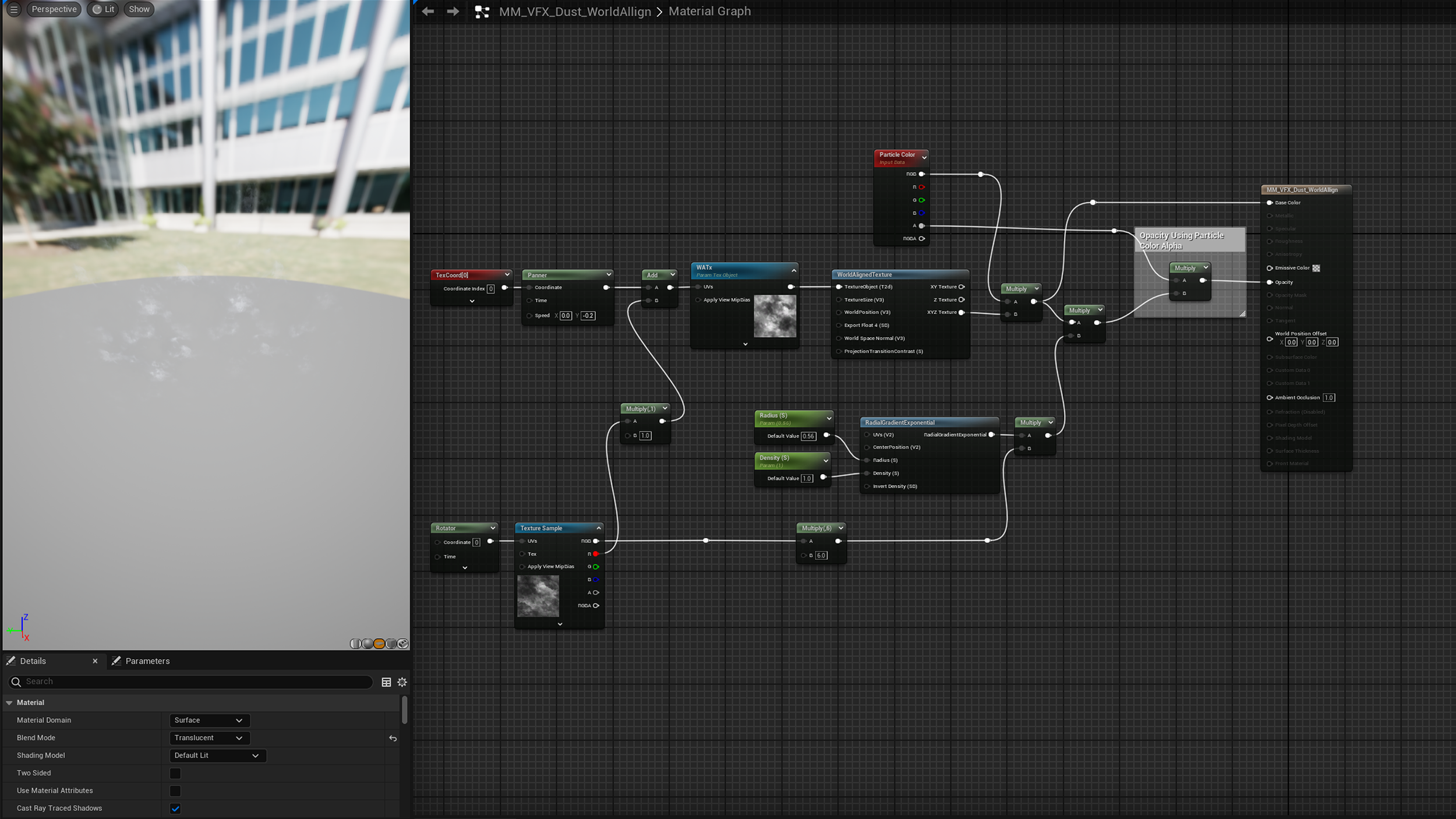 Dust material: world-aligned texture, UV distortion and radial opacity